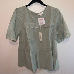 Sage Green Swiss Dotted Texture Cotton Scalloped Top